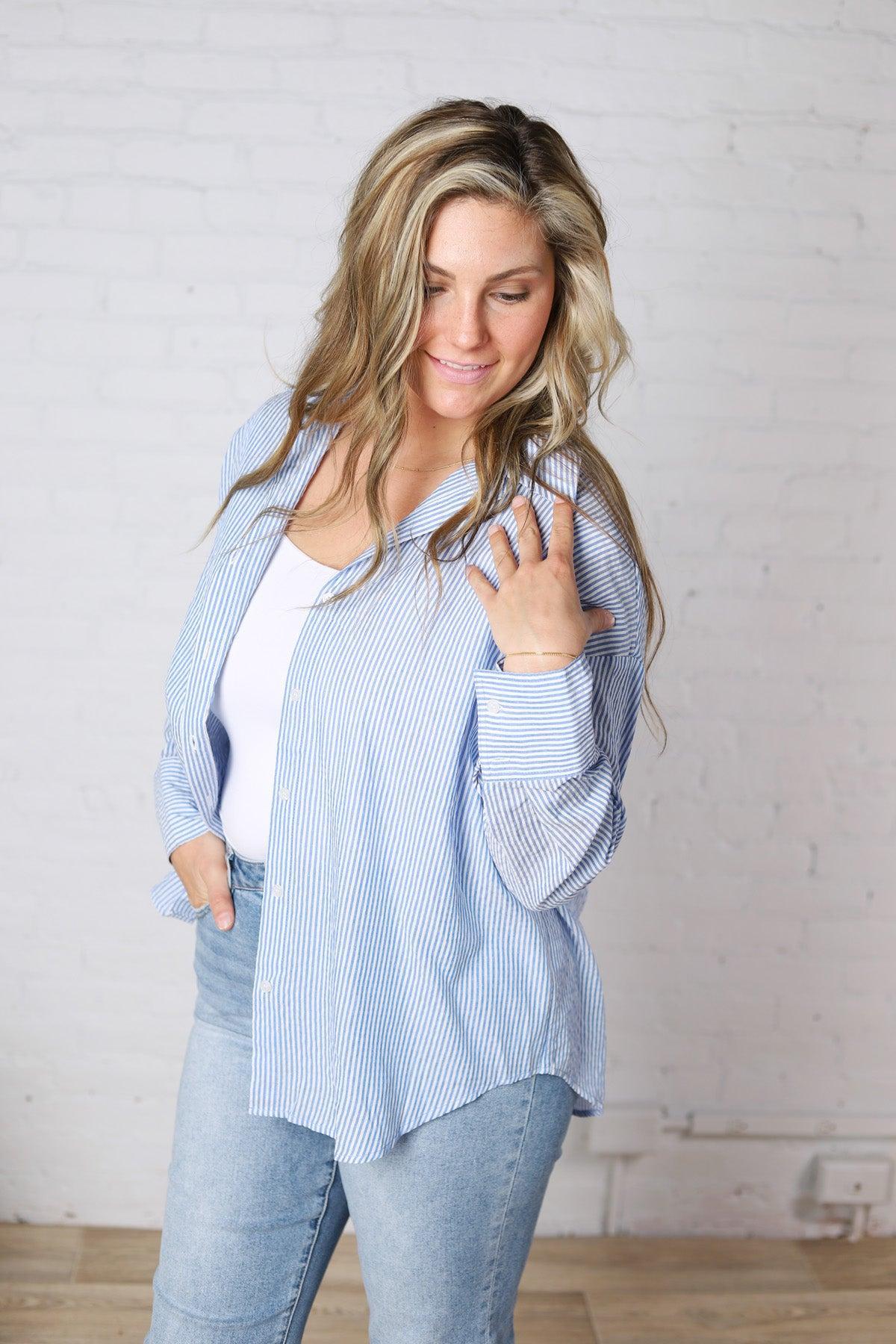 Harlow Stripe Oversized Button Down Shirt - Blue
