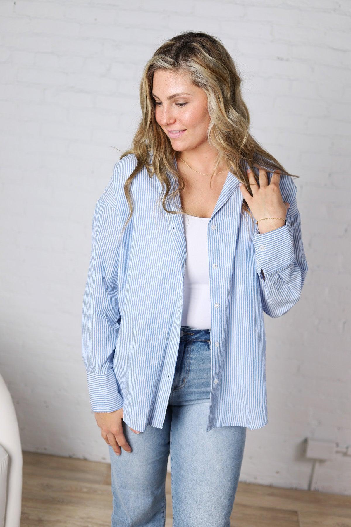 Harlow Stripe Oversized Button Down Shirt - Blue