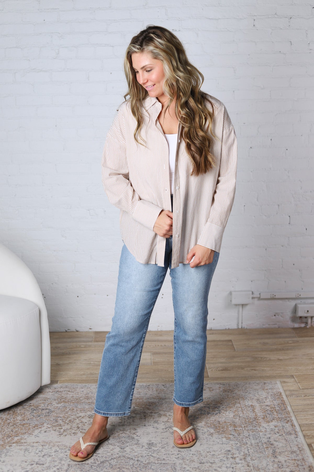 Harlow Stripe Oversized Button Down Shirt - Taupe
