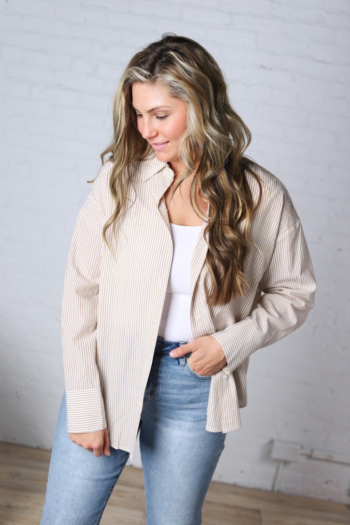 Harlow Stripe Oversized Button Down Shirt - Taupe