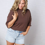 Harper Short Sleeve Sweater with Exposed Seam Detail - Chocolate Brown