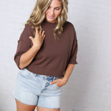 Harper Short Sleeve Sweater with Exposed Seam Detail - Chocolate Brown