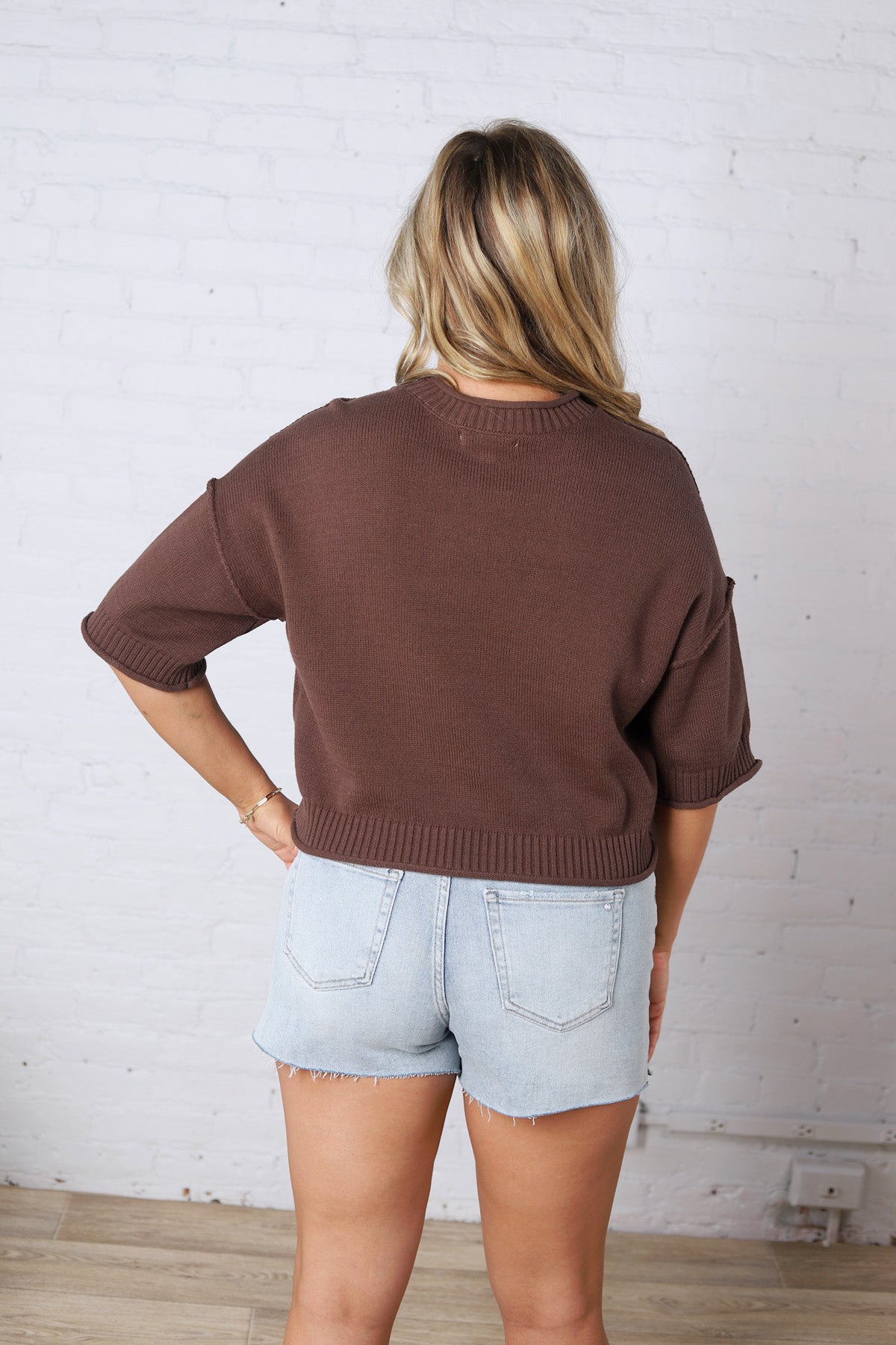 Harper Short Sleeve Sweater with Exposed Seam Detail - Chocolate Brown