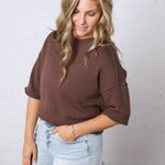 Harper Short Sleeve Sweater with Exposed Seam Detail - Chocolate Brown