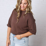 Harper Short Sleeve Sweater with Exposed Seam Detail - Chocolate Brown