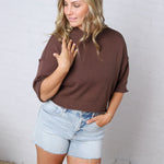 Harper Short Sleeve Sweater with Exposed Seam Detail - Chocolate Brown