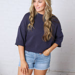 Harper Short Sleeve Sweater with Exposed Seam Detail - Navy