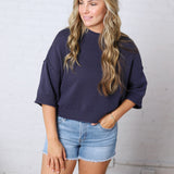 Harper Short Sleeve Sweater with Exposed Seam Detail - Navy