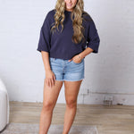 Harper Short Sleeve Sweater with Exposed Seam Detail - Navy