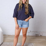 Harper Short Sleeve Sweater with Exposed Seam Detail - Navy
