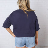 Harper Short Sleeve Sweater with Exposed Seam Detail - Navy