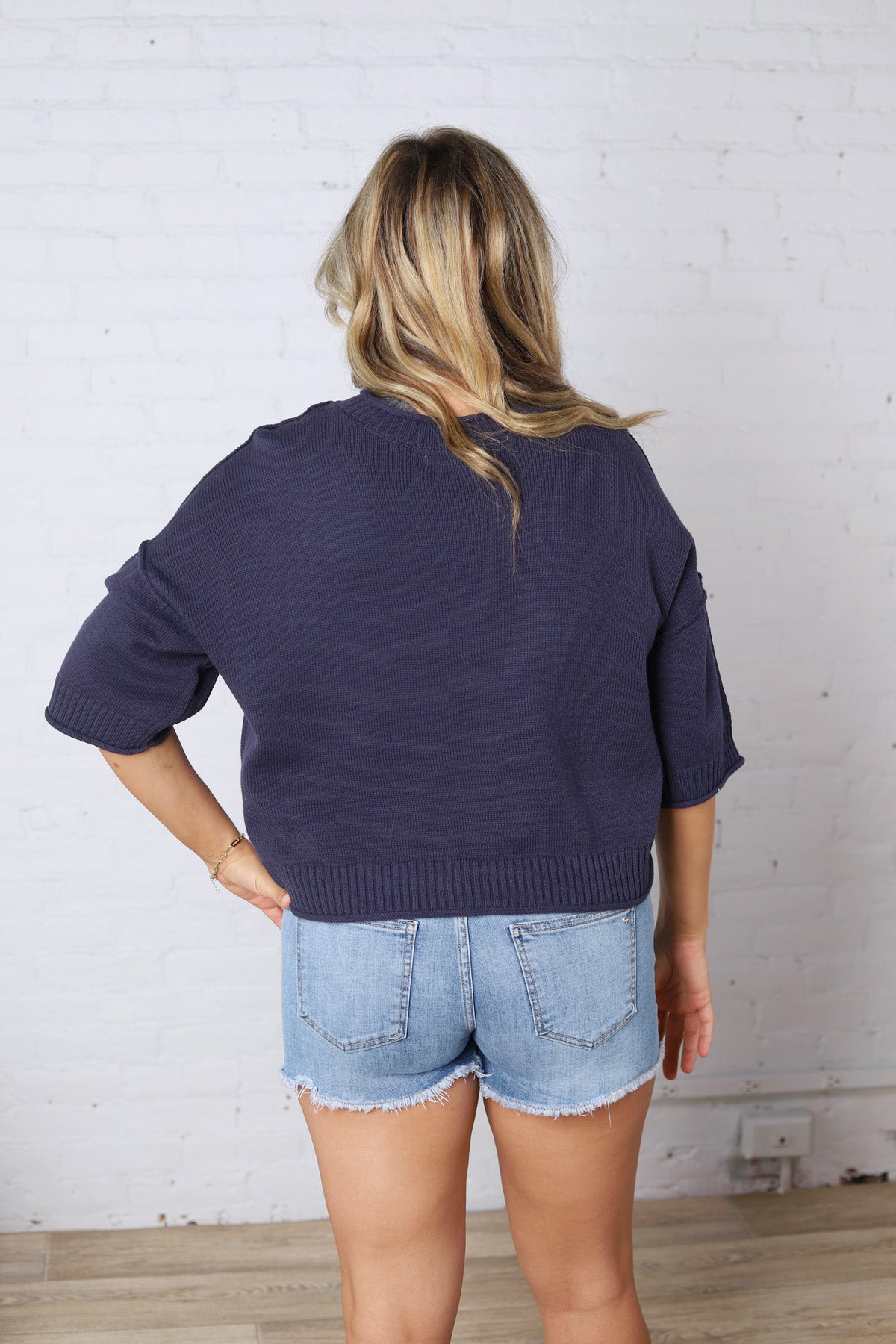 Harper Short Sleeve Sweater with Exposed Seam Detail - Navy