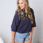 Harper Short Sleeve Sweater with Exposed Seam Detail - Navy