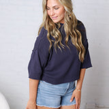 Harper Short Sleeve Sweater with Exposed Seam Detail - Navy