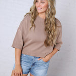 Harper Short Sleeve Sweater with Exposed Seam Detail - Taupe