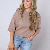 Harper Short Sleeve Sweater with Exposed Seam Detail - Taupe