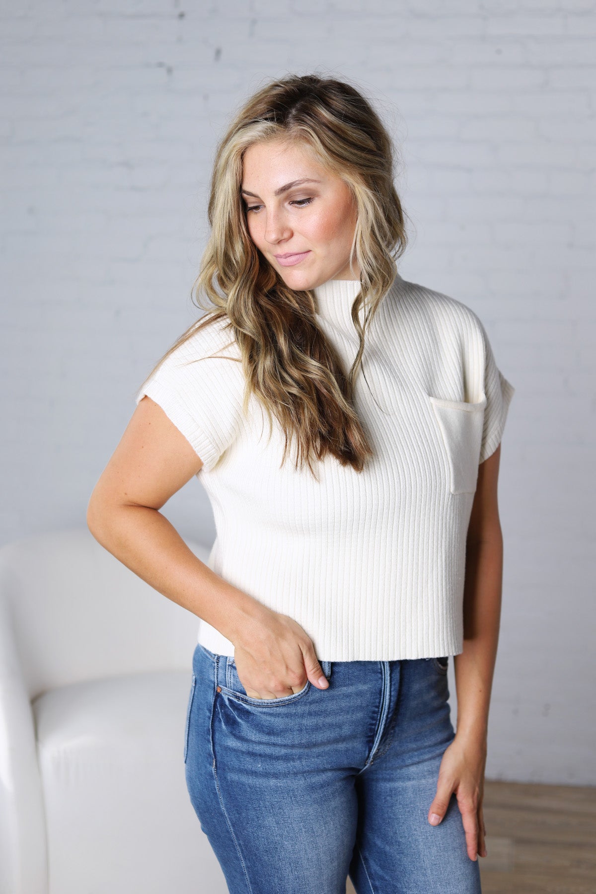 Hartlyn Ribbed Mock Neck Cap Sleeve Sweater - French Vanilla - FINAL SALE