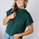 Hartlyn Ribbed Mock Neck Cap Sleeve Sweater - Hunter Green
