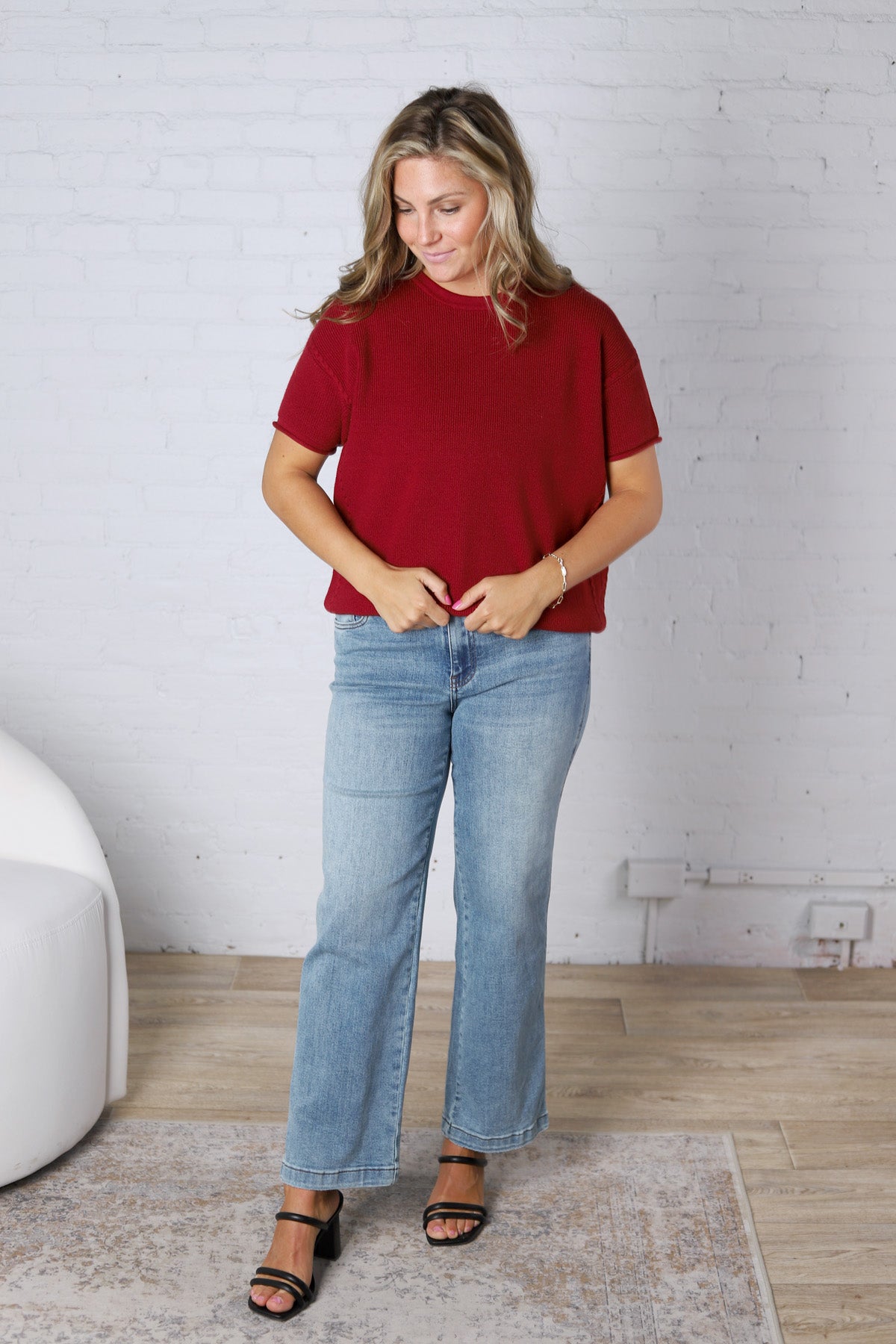 Hattie Viscose Short Sleeve Sweater - Cabernet
