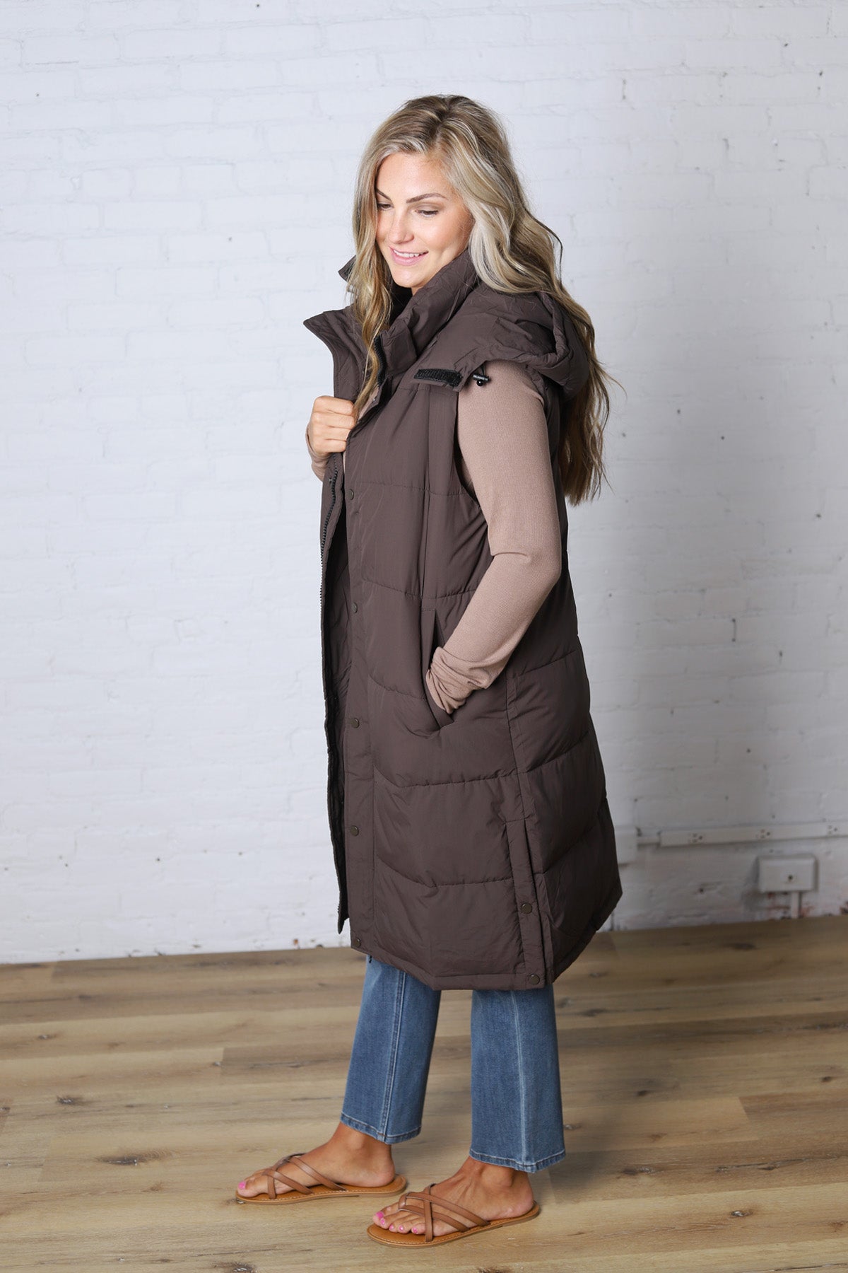 Havana Detachable Hood Zipper Puffer Vest - Ash Brown