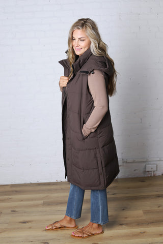 Havana Detachable Hood Zipper Puffer Vest - Ash Brown