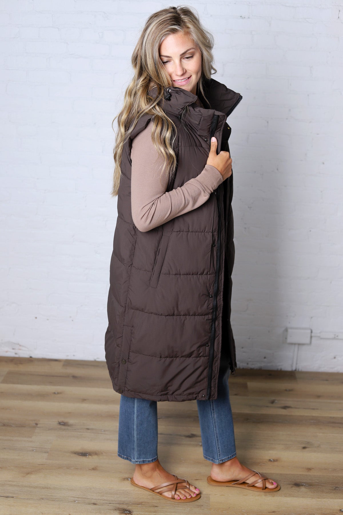 Havana Detachable Hood Zipper Puffer Vest - Ash Brown