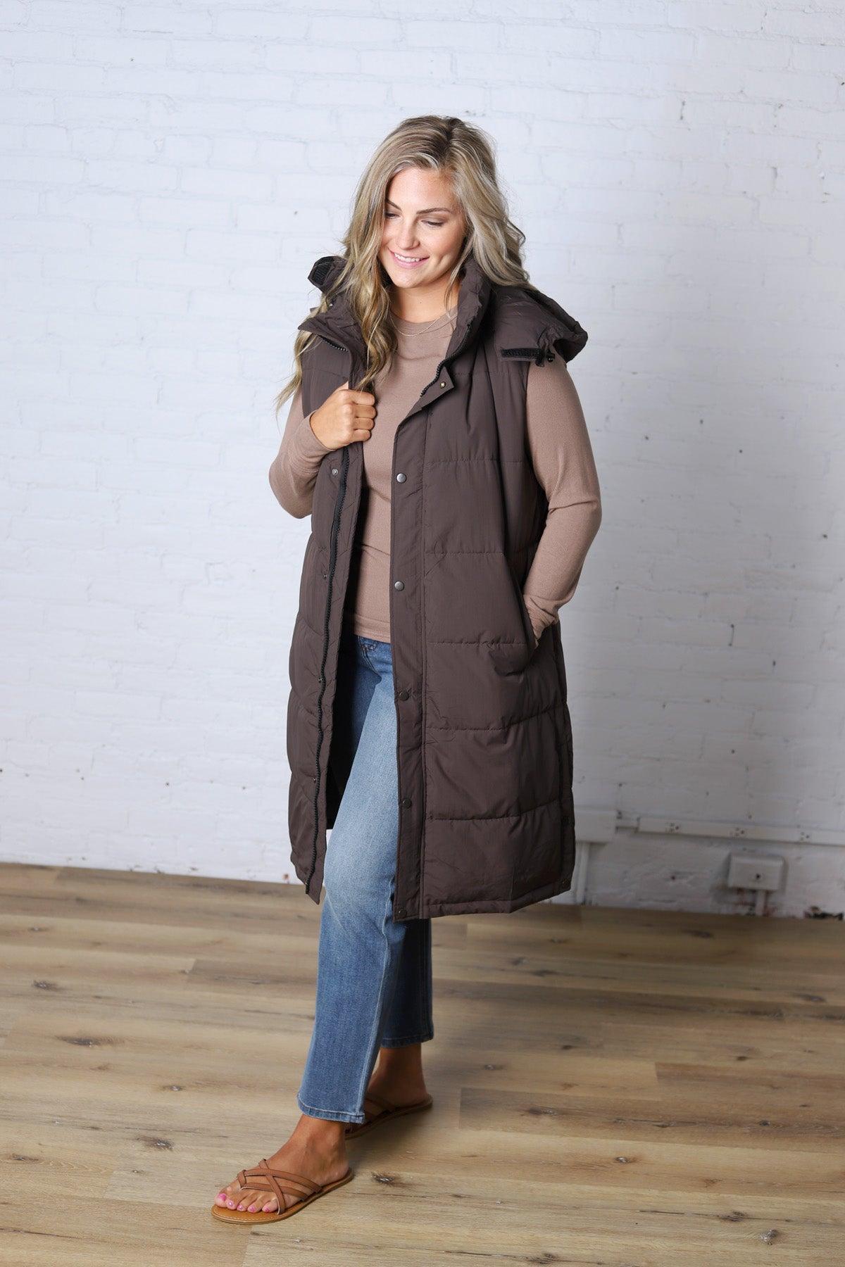 Havana Detachable Hood Zipper Puffer Vest - Ash Brown