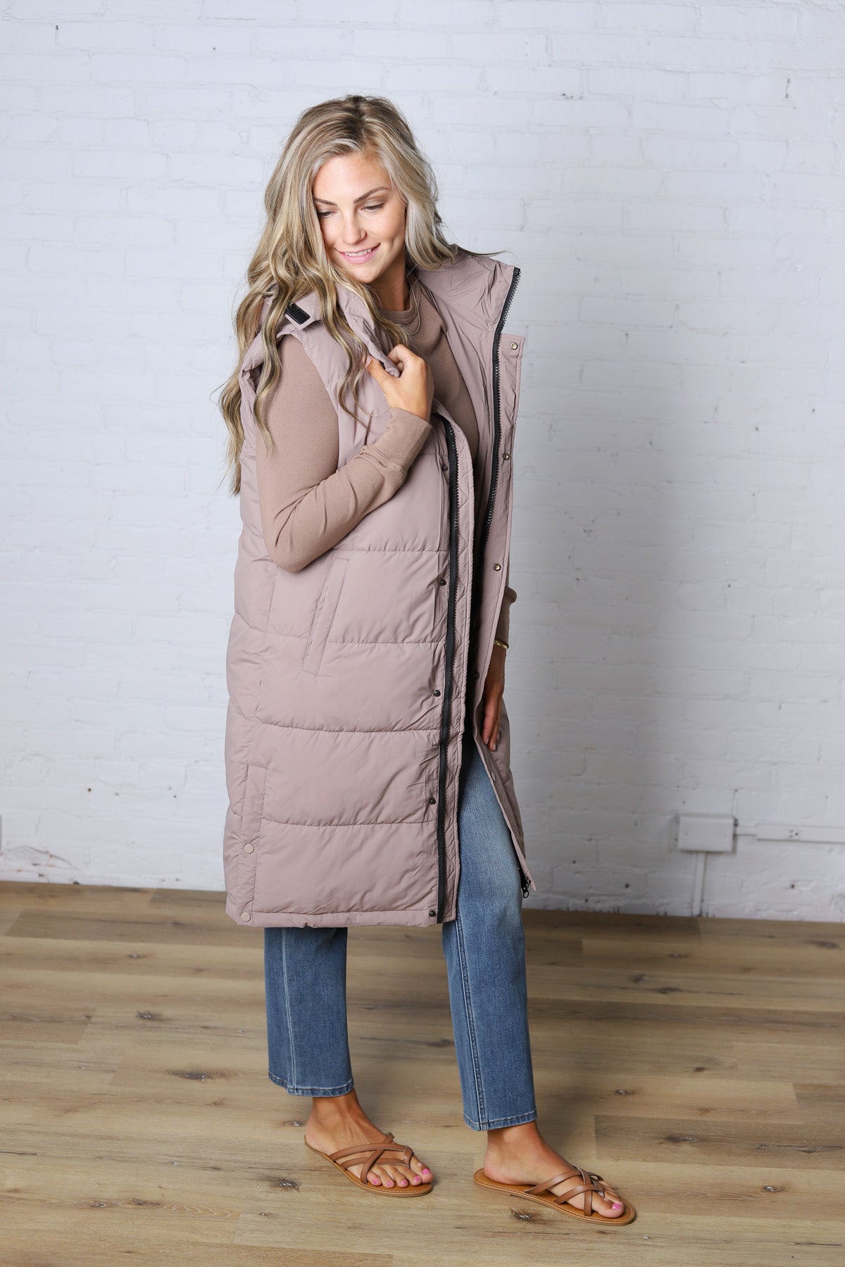Havana Detachable Hood Zipper Puffer Vest - Latte