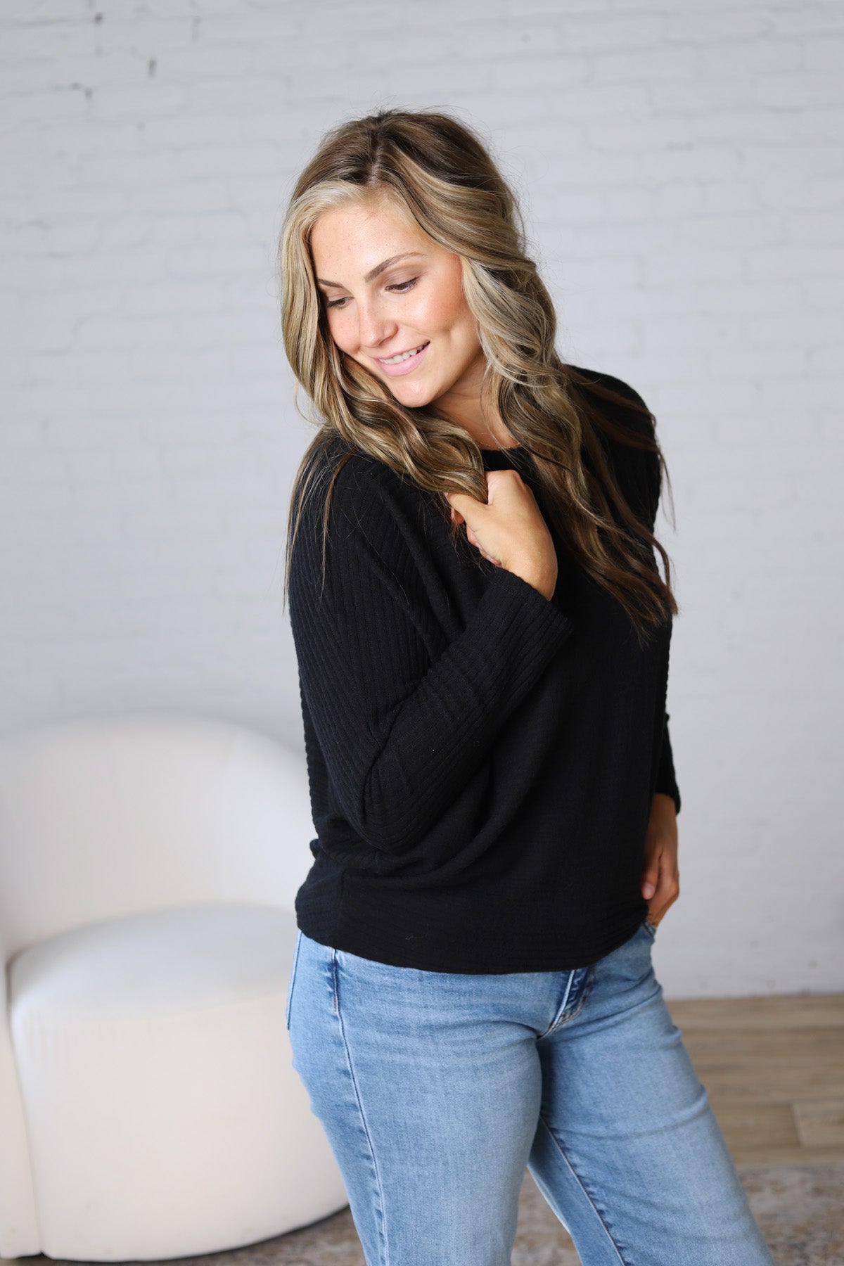 Haven Rib Brushed Knit Top - Black