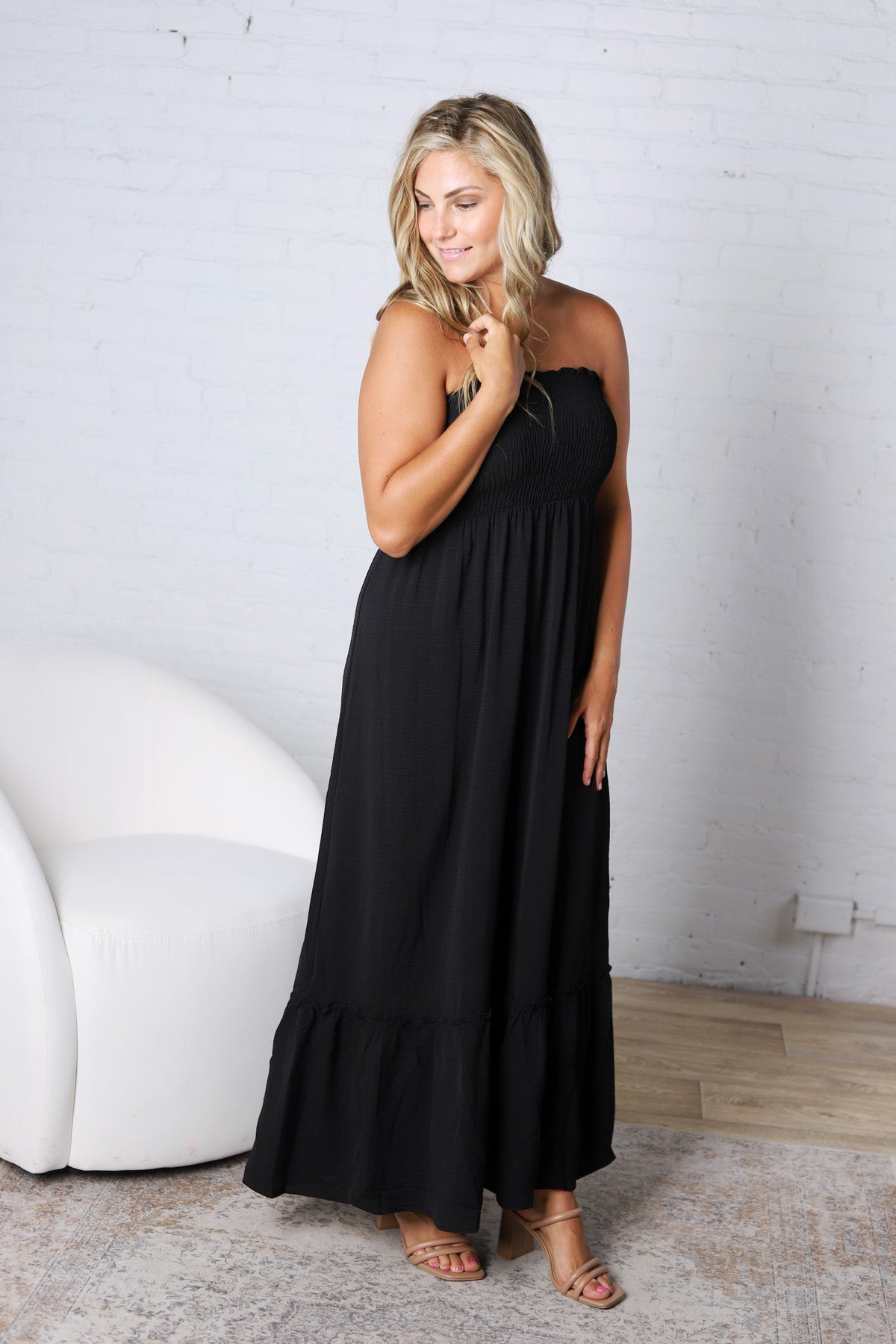 Hazel Smocked Top Maxi Dress - Black
