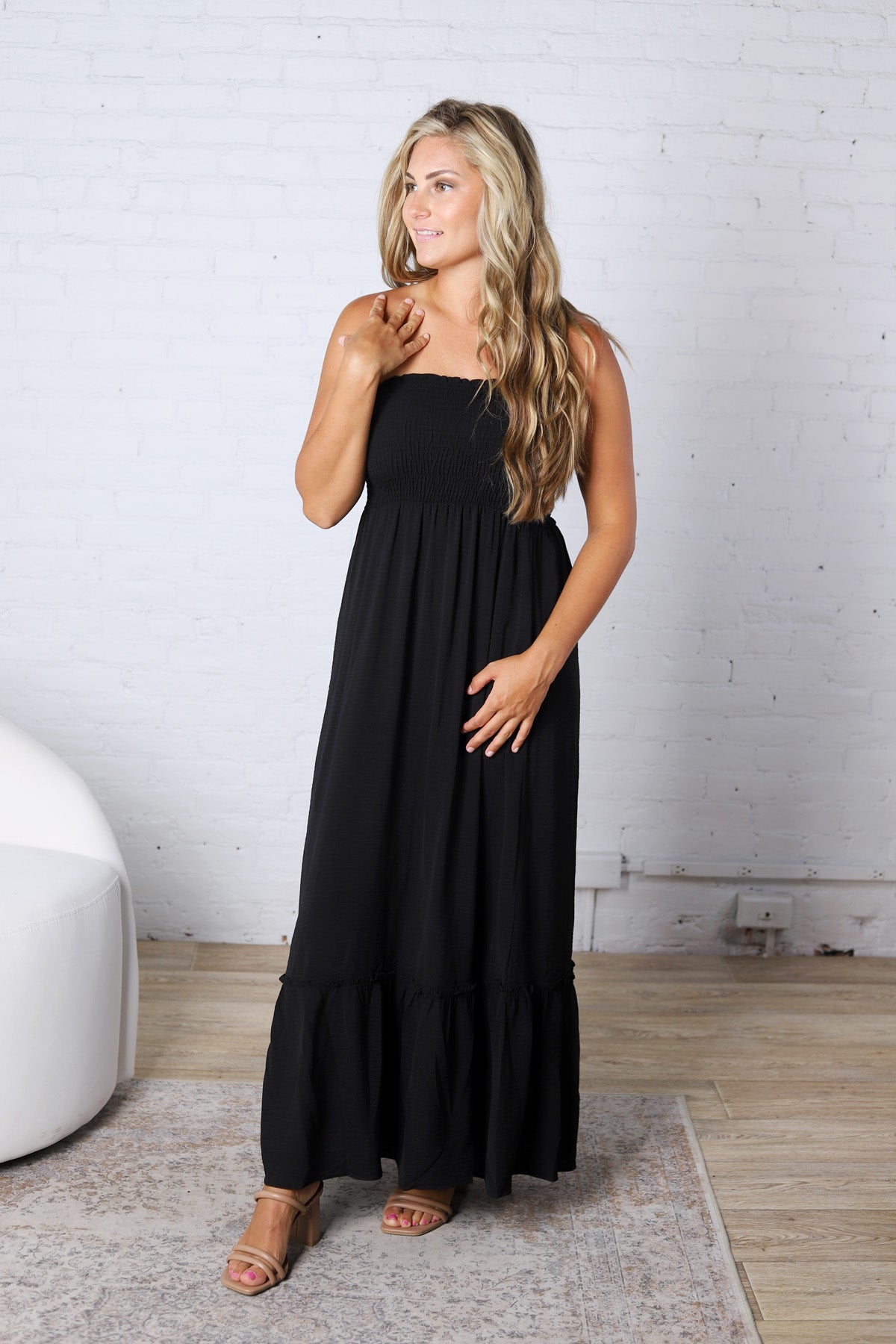 Hazel Smocked Top Maxi Dress - Black