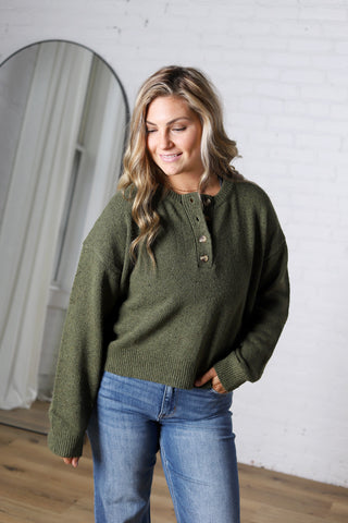 Heather Henley Pullover Sweater - Dk Olive