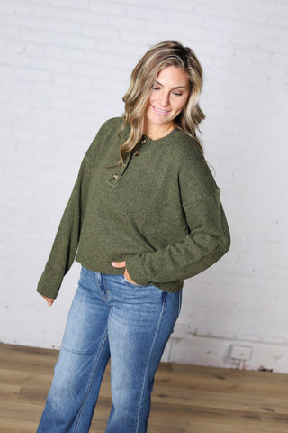 Heather Henley Pullover Sweater - Dk Olive