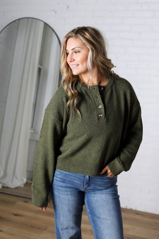 Heather Henley Pullover Sweater - Dk Olive