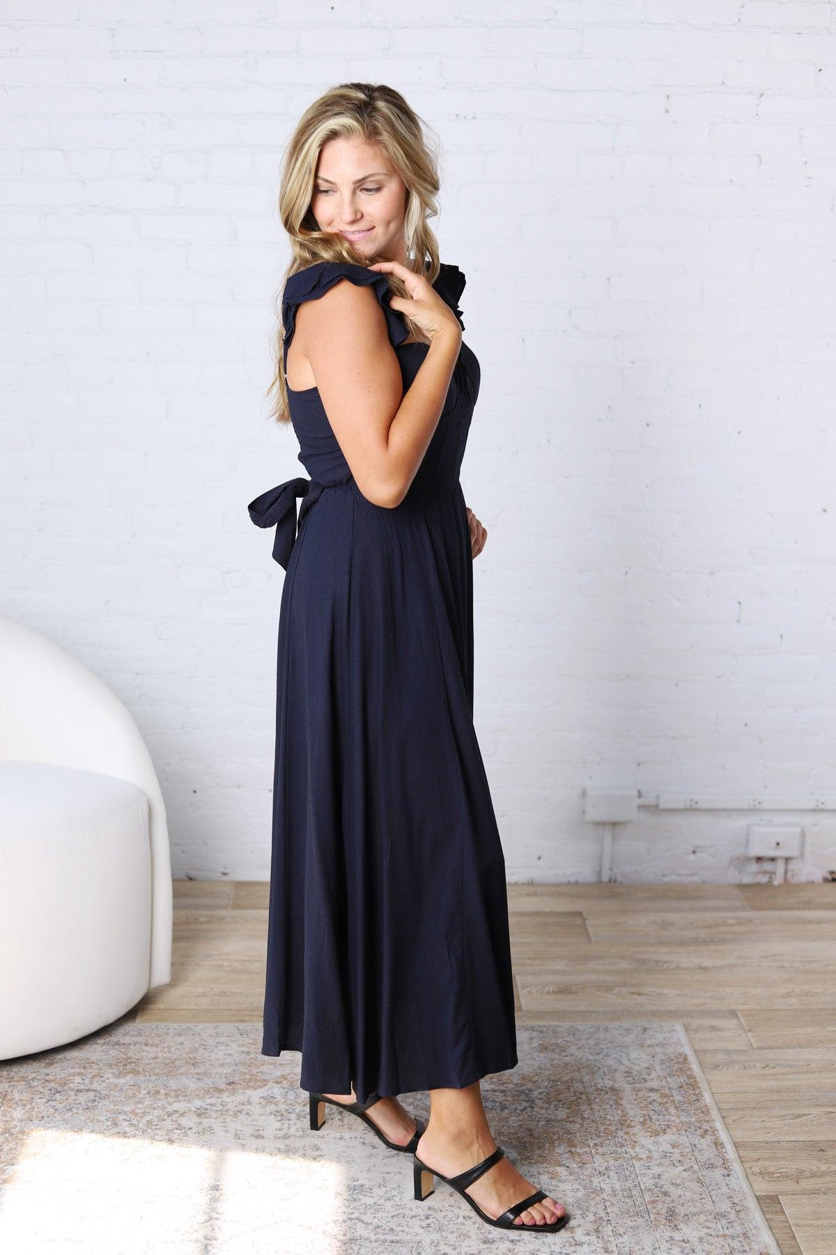 Heaven Sent Corset Flutter Dress - Navy