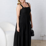 Helena Smocked Tiered Midi Dress - Black