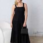 Helena Smocked Tiered Midi Dress - Black