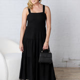 Helena Smocked Tiered Midi Dress - Black