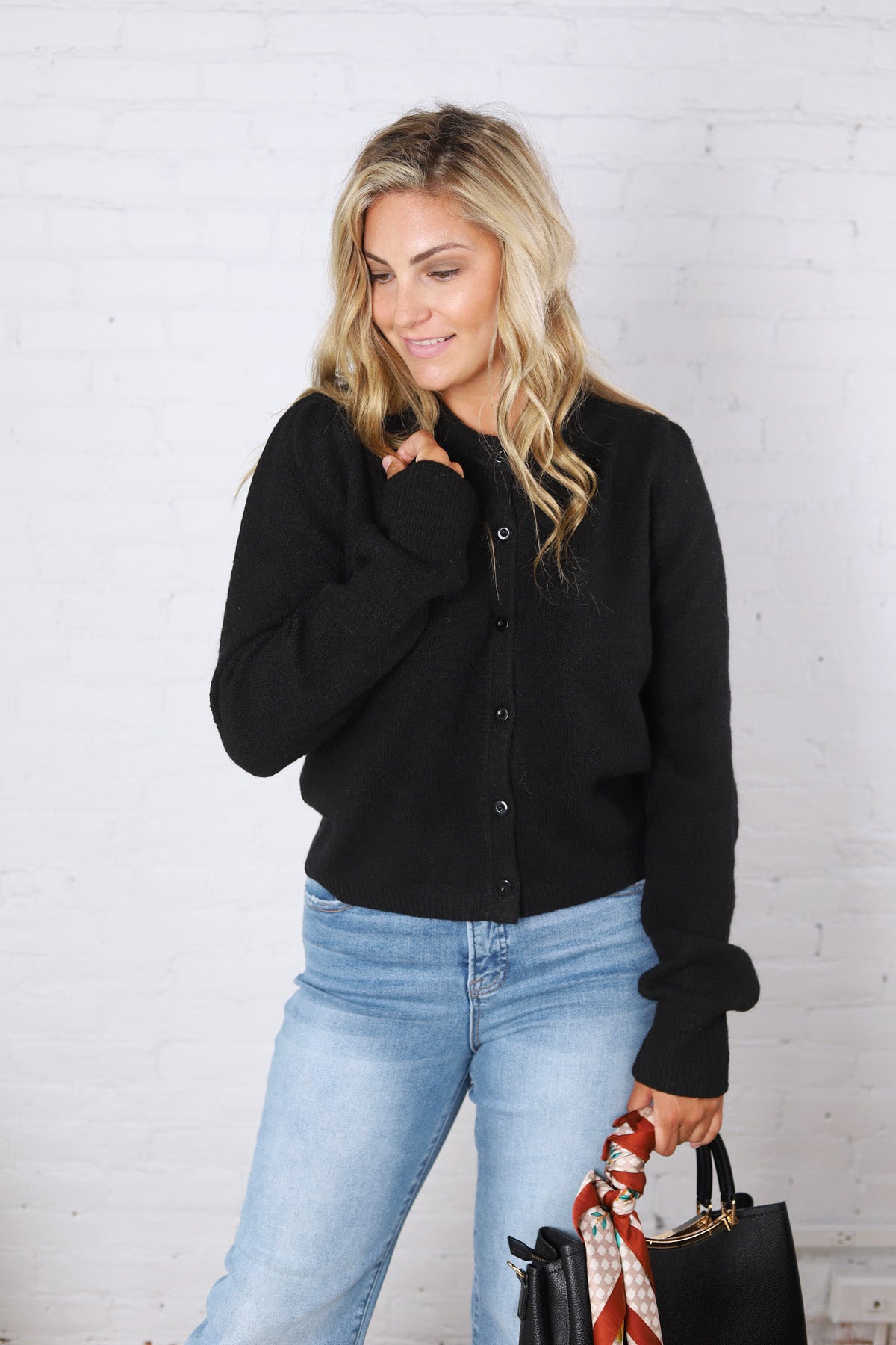 Huxley Puff Sleeve Sweater Cardigan - Black