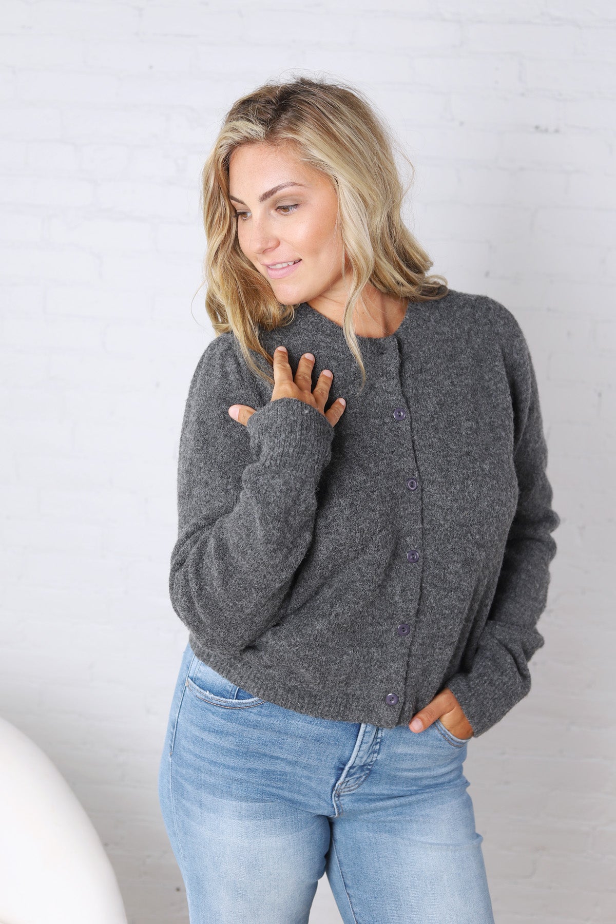 Huxley Puff Sleeve Sweater Cardigan - Charcoal