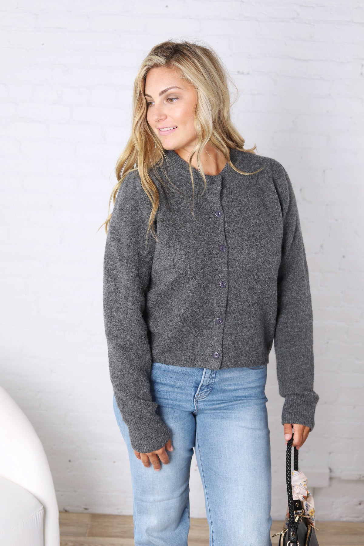 Huxley Puff Sleeve Sweater Cardigan - Charcoal
