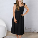 Lennon Smocked Ruffle Sleeve Midi Dress - Black
