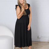 Lennon Smocked Ruffle Sleeve Midi Dress - Black