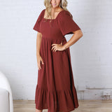 Fallon Gingham Square Neck Dress - Burgundy