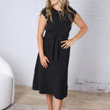 Goldie Belted Short Sleeve Jacquard Midi Dress - Black