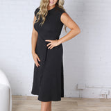 Goldie Belted Short Sleeve Jacquard Midi Dress - Black