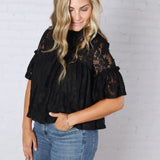 Thea Lace Ruffled Swing Top - Black
