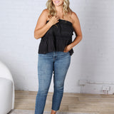Birdie Lace Trim Ruffled Strapless Trapez Top - Black
