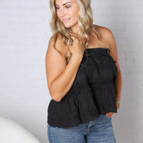 Birdie Lace Trim Ruffled Strapless Trapez Top - Black