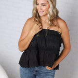 Birdie Lace Trim Ruffled Strapless Trapez Top - Black
